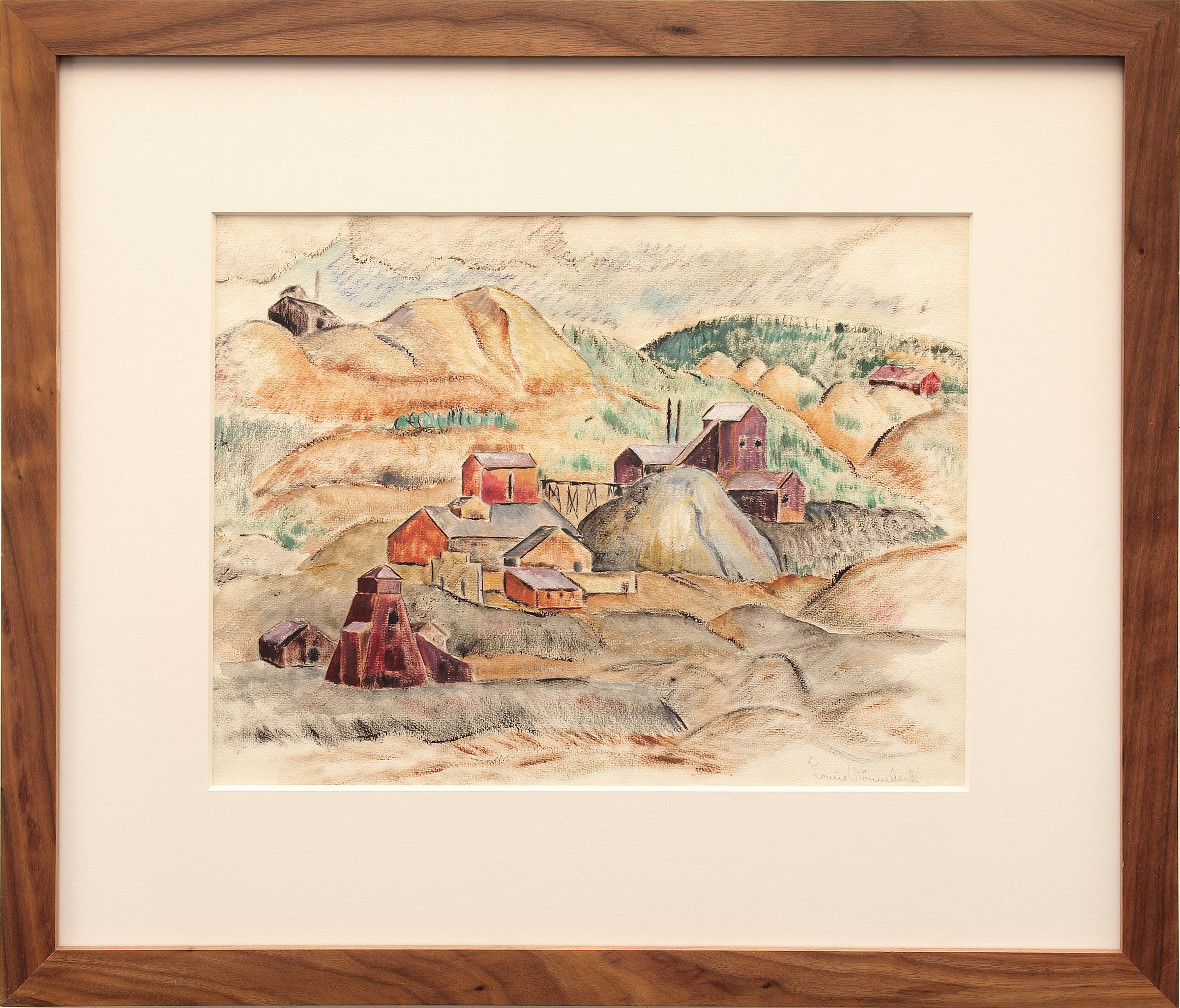 1930s WPA Era Modernist Colorado Mining Mountain Landscape, Autumn Landscape