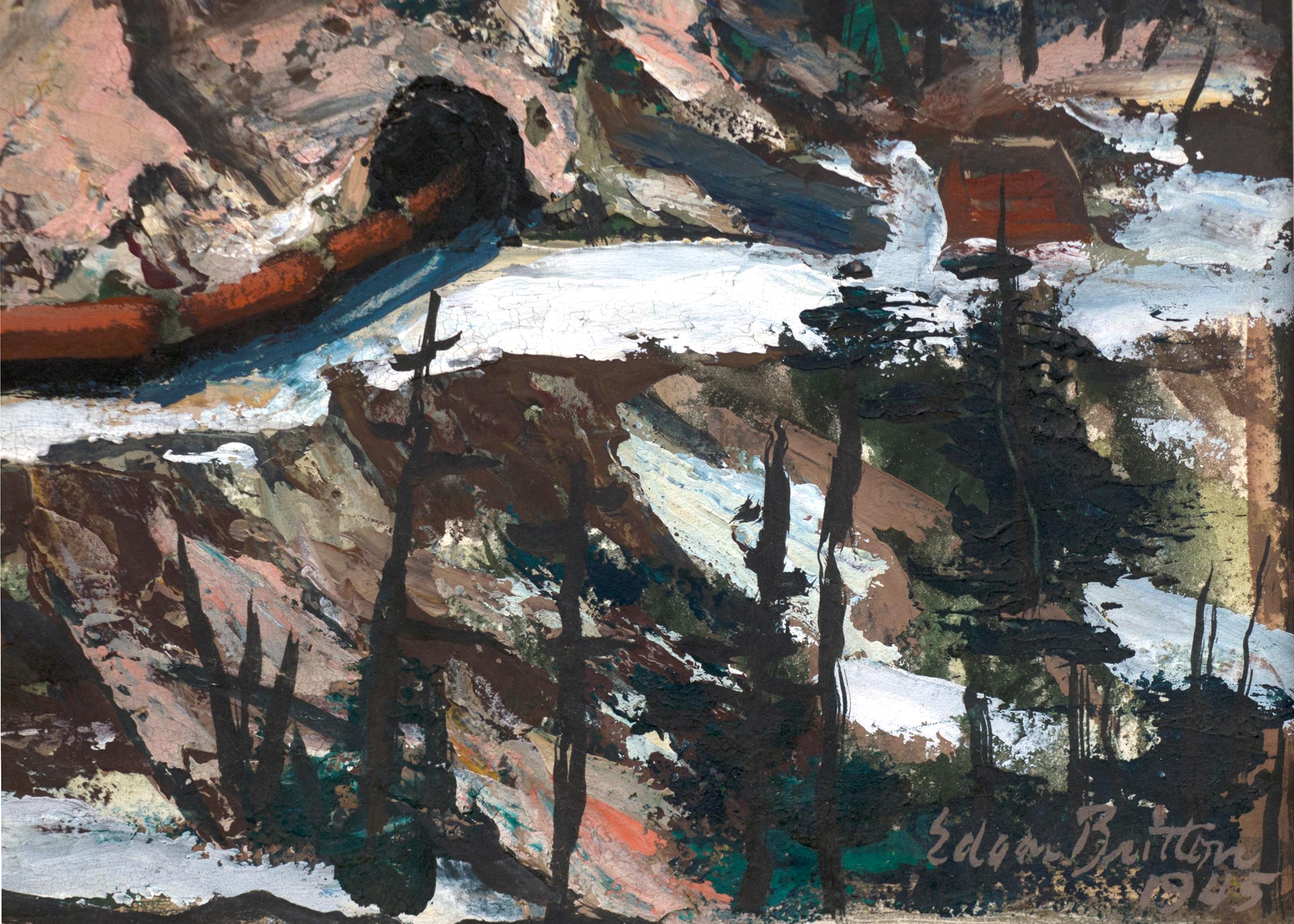 Peinture originale de paysage d'hiver vintage de 1945 par Edgar Britton (1901-1982) avec des montagnes et des arbres enneigés (probablement du Colorado). Présenté dans un cadre vintage/original, les dimensions extérieures mesurent 15 ½ x 19 ¼ x 1 ¼