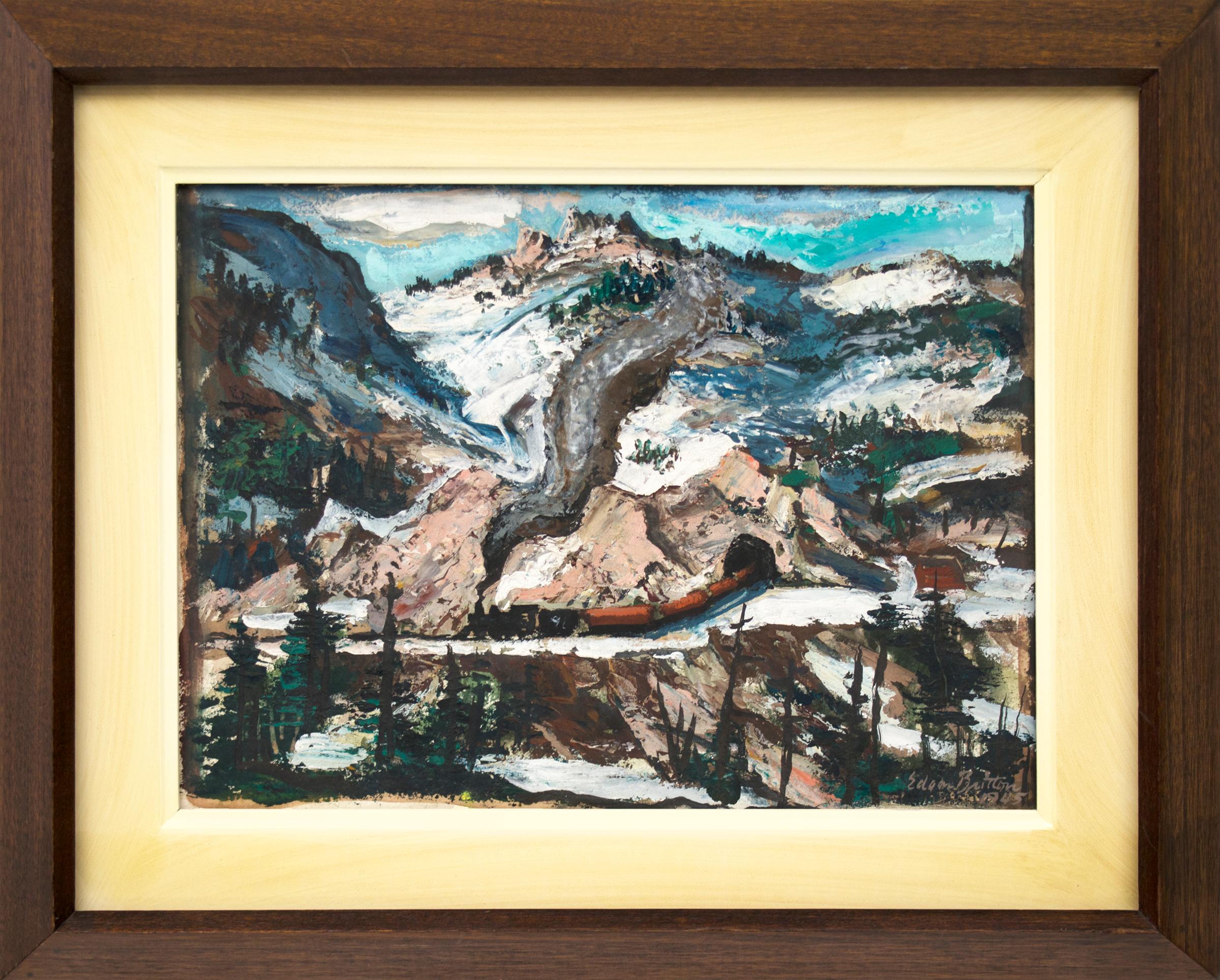 1940s Colorado Mountain Landscape Gouache Painting with Snow, Trees, and Train