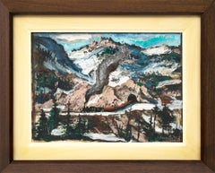 1940s Colorado Mountain Landscape Gouache Painting with Snow, Trees, and Train