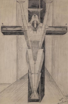 Figure on a Cross, 1940s Framed Futurism Cubism Black White Drawing