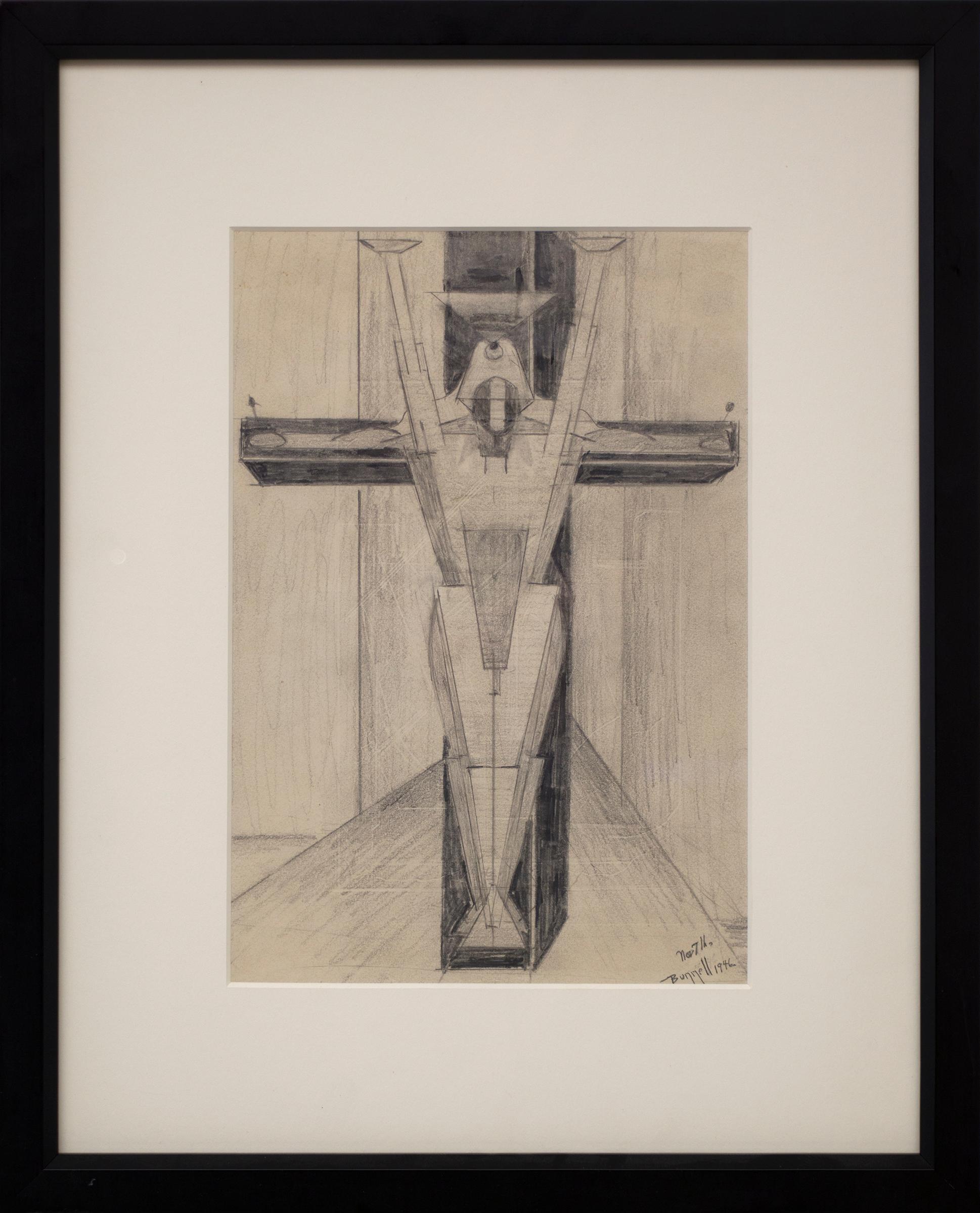 Figure on a Cross, 1940s Framed Futurism Cubism Black White Drawing - Art by Charles Ragland Bunnell