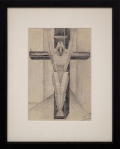 Figure on a Cross, 1940s Framed Futurism Cubism Black White Drawing