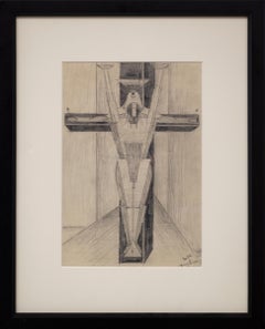 Vintage Figure on a Cross, 1940s Framed Futurism Cubism Black White Drawing