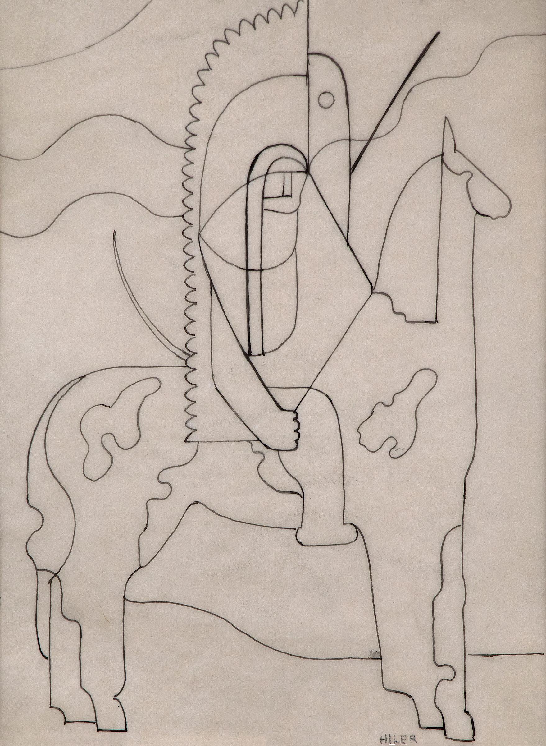 Pinto, 1930s Modernist Line Figure Drawing, Native American on Horse, Black Ink - Art by Hilaire Hiler