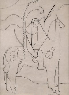 Hilaire Hiler “Pinto" 1933 Modernist Ink Drawing of Native American on Horseback