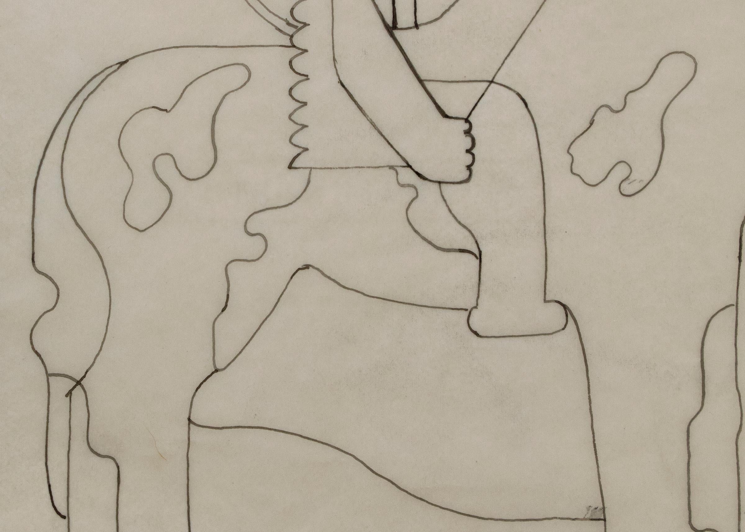 Pinto, Modernistische Linienfigurenzeichnung der 1930er Jahre, amerikanische Ureinwohner auf Pferd, schwarze Tinte (Beige), Animal Art, von Hilaire Hiler