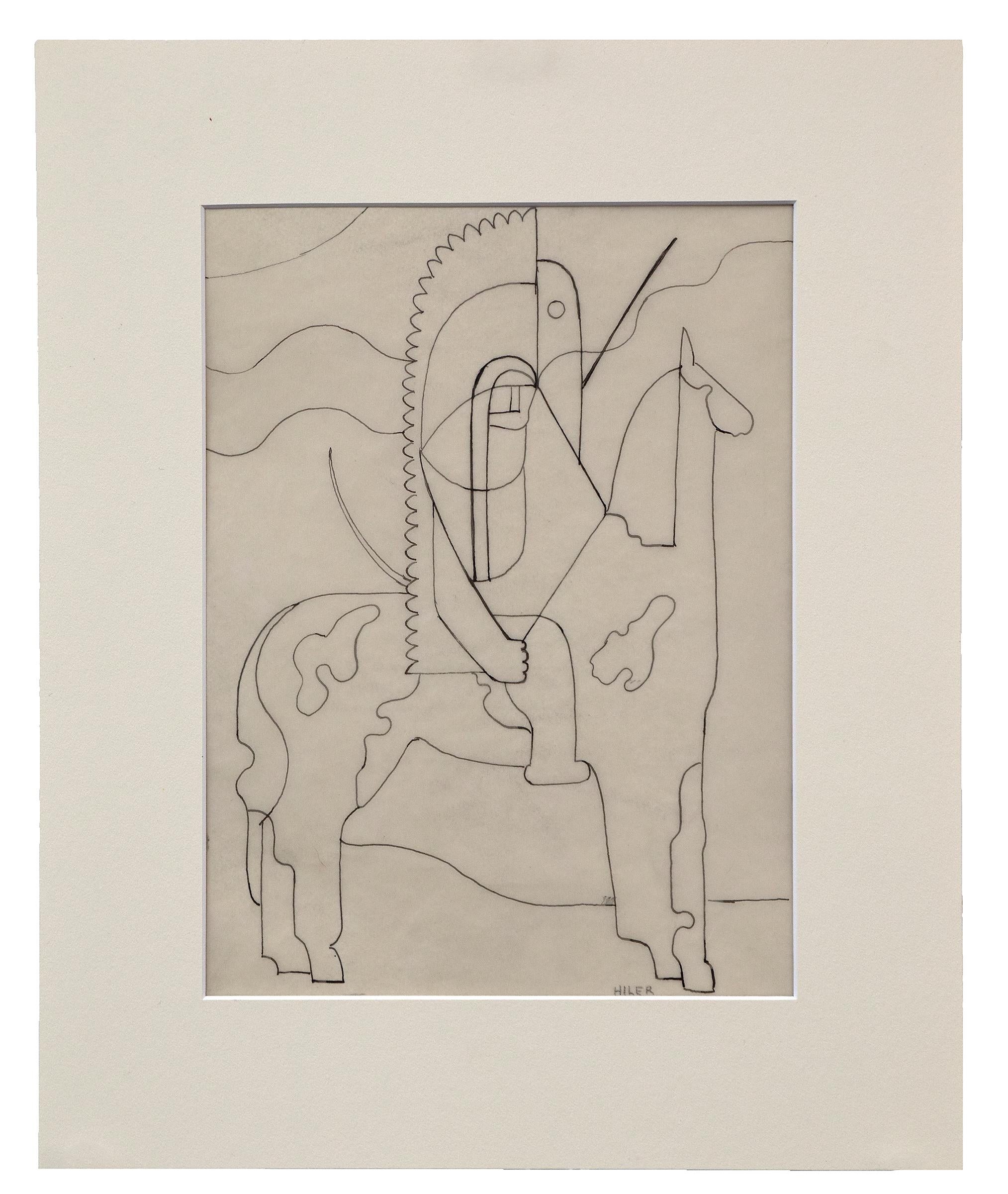 Pinto, 1930s Modernist Line Drawing, Native American on Horseback, Black White