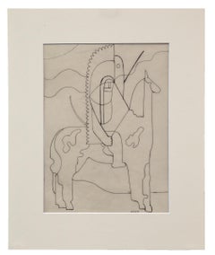 1930s Modernist Line Drawing: Native American on Horse, Pinto, Black Ink Artwork