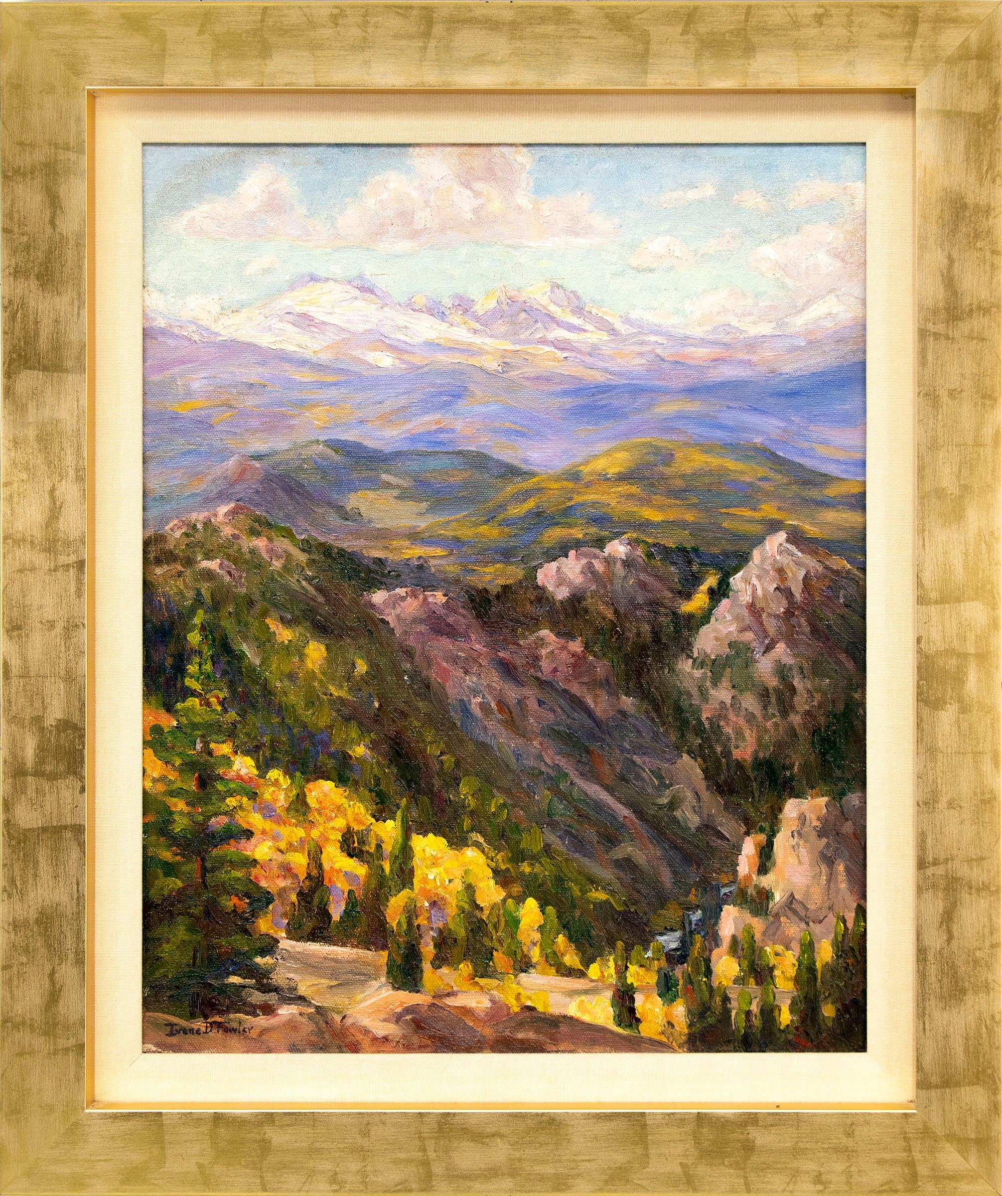Boulder Canyon, Framed 1940s Colorado Mountain Landscape in Autumn with Aspens - Painting by Irene Fowler