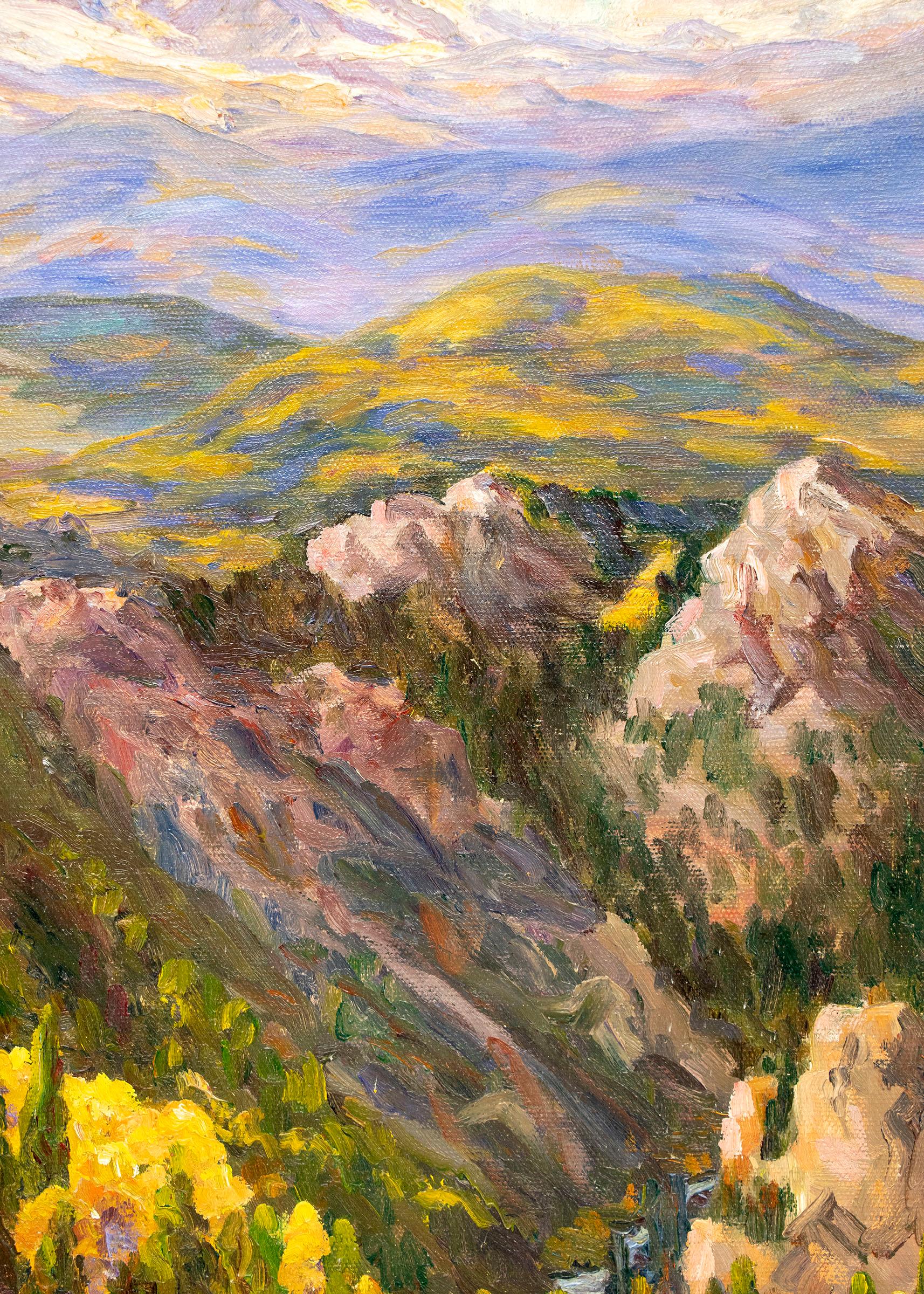Boulder Canyon, Framed 1940s Colorado Mountain Landscape in Autumn with Aspens - American Impressionist Painting by Irene Fowler