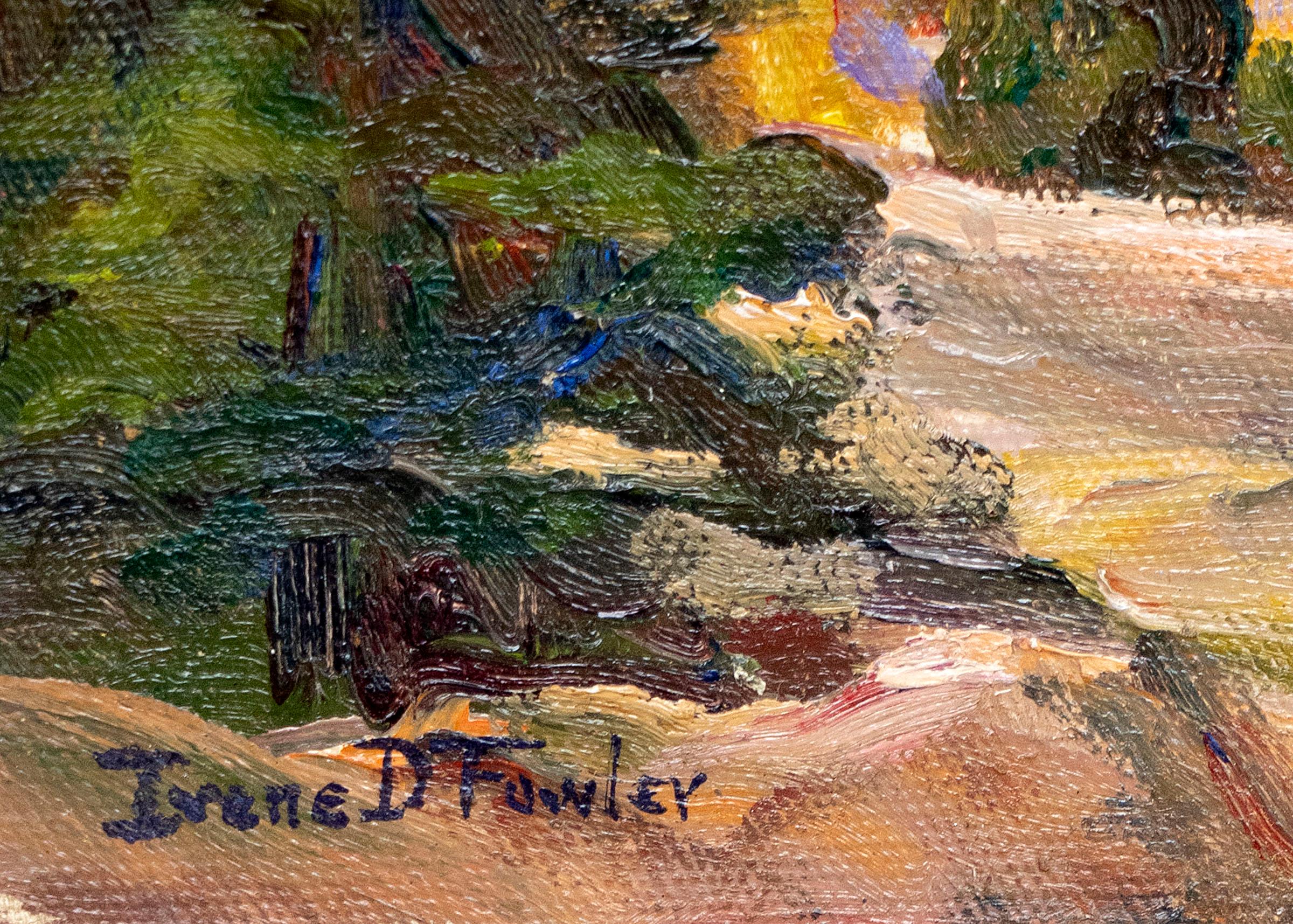 Vintage, circa 1930-1950, Original-Ölgemälde vom Boulder Canyon - ein Landschaftsgemälde von Colorado mit Bergen und Espenbäumen in herbstlichen Farbtönen von der Künstlerin Irene Fowler aus Colorado (1884-1967).  Angeboten in einem