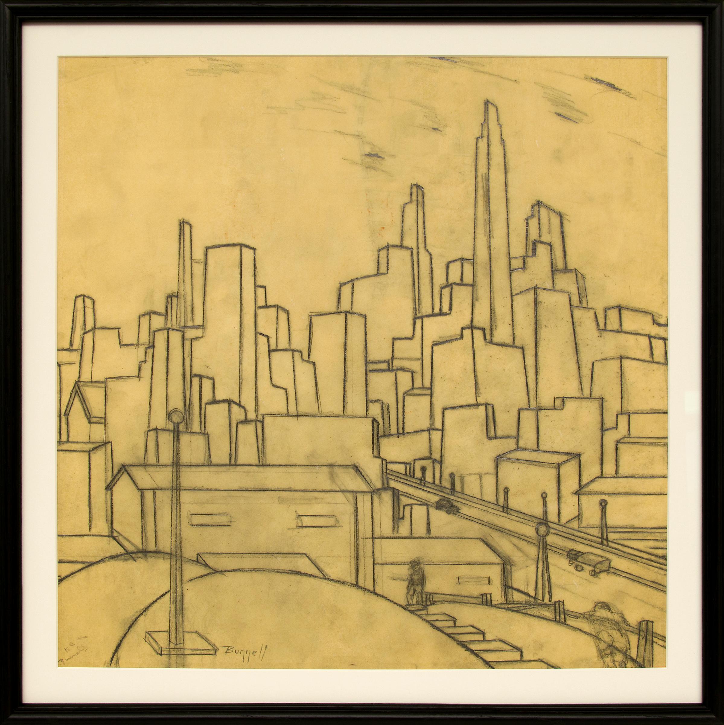 Untitled (Vintage 1930s Modernist WPA Era Line Drawing of Kansas City) - Art by Charles Bunnell