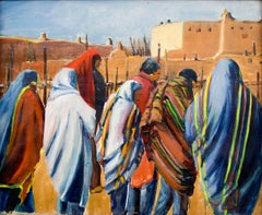 Figures at Taos Pueblo, New Mexico - Southwestern 20th Century Oil Painting