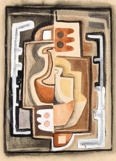 Modernist Abstract Painting (Brown, Yellow, Terra Cotta Orange, White, & Black)