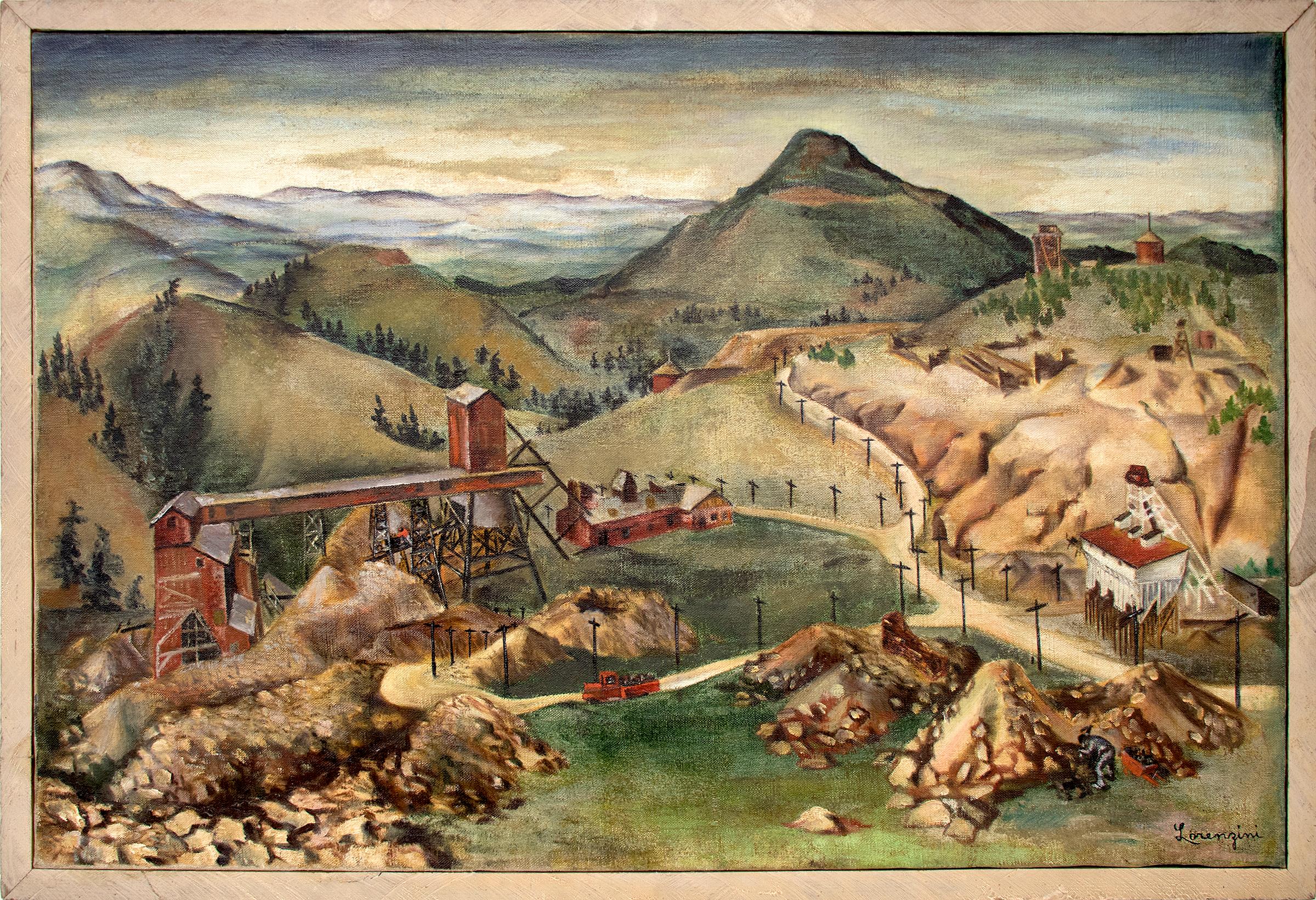Eldora Pauline Lorenzini Figurative Painting - Colorado Mine, Vintage 1930s Modernist Mountain Landscape Painting