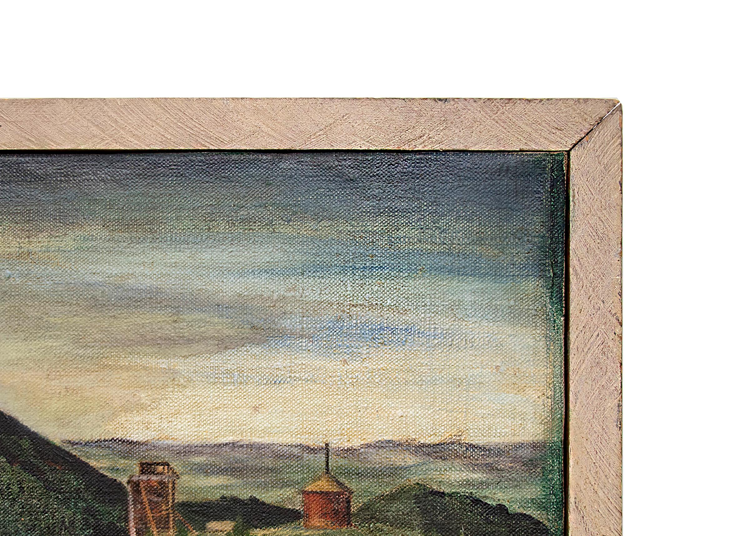 Colorado Mine, Vintage 1930s Modernist Mountain Landscape Painting - Brown Figurative Painting by Eldora Pauline Lorenzini