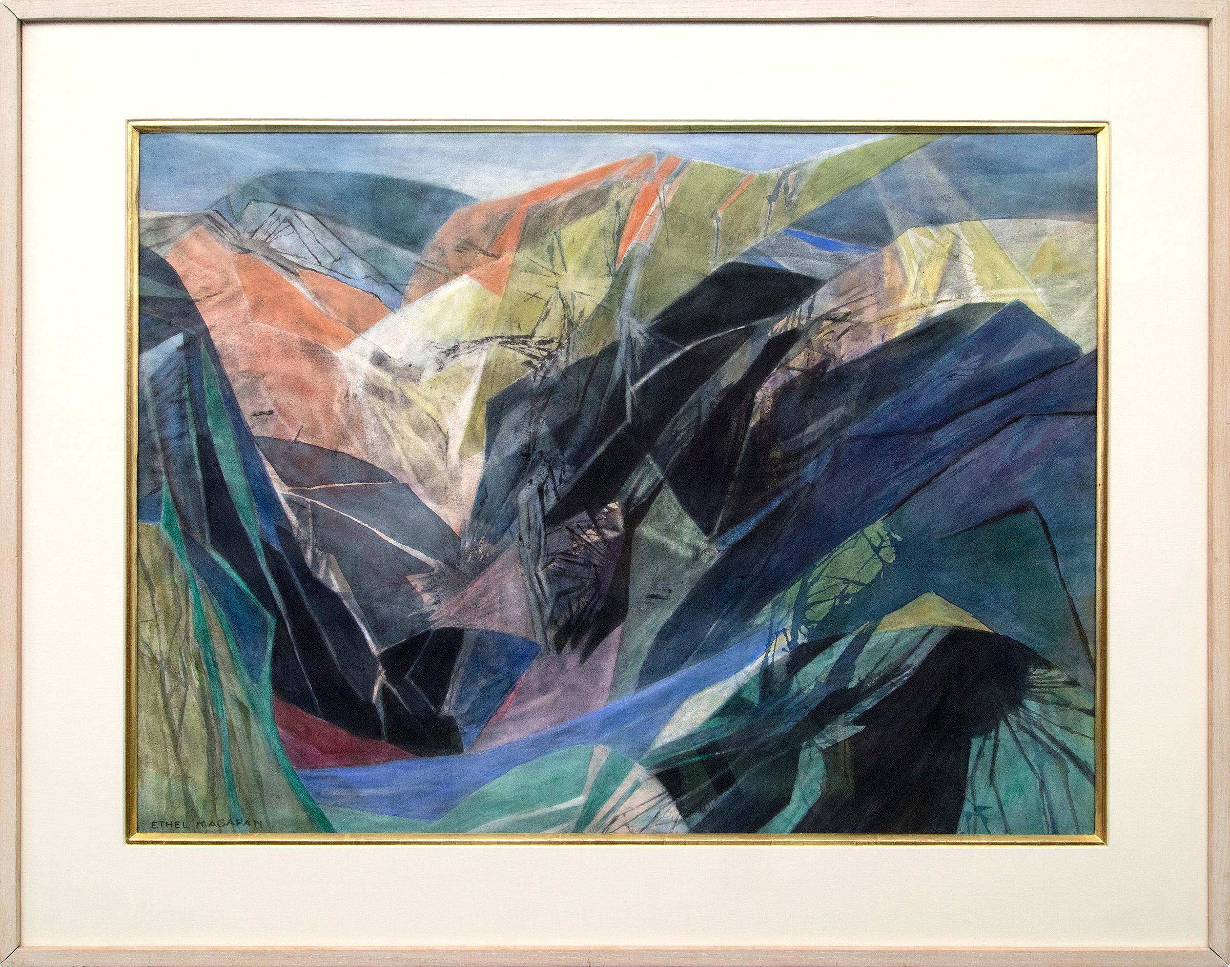 Ethel Magafan Abstract Drawing - Through the Canyon, Semi-Abstract Colorado Mountain Landscape, Green Blue Orange