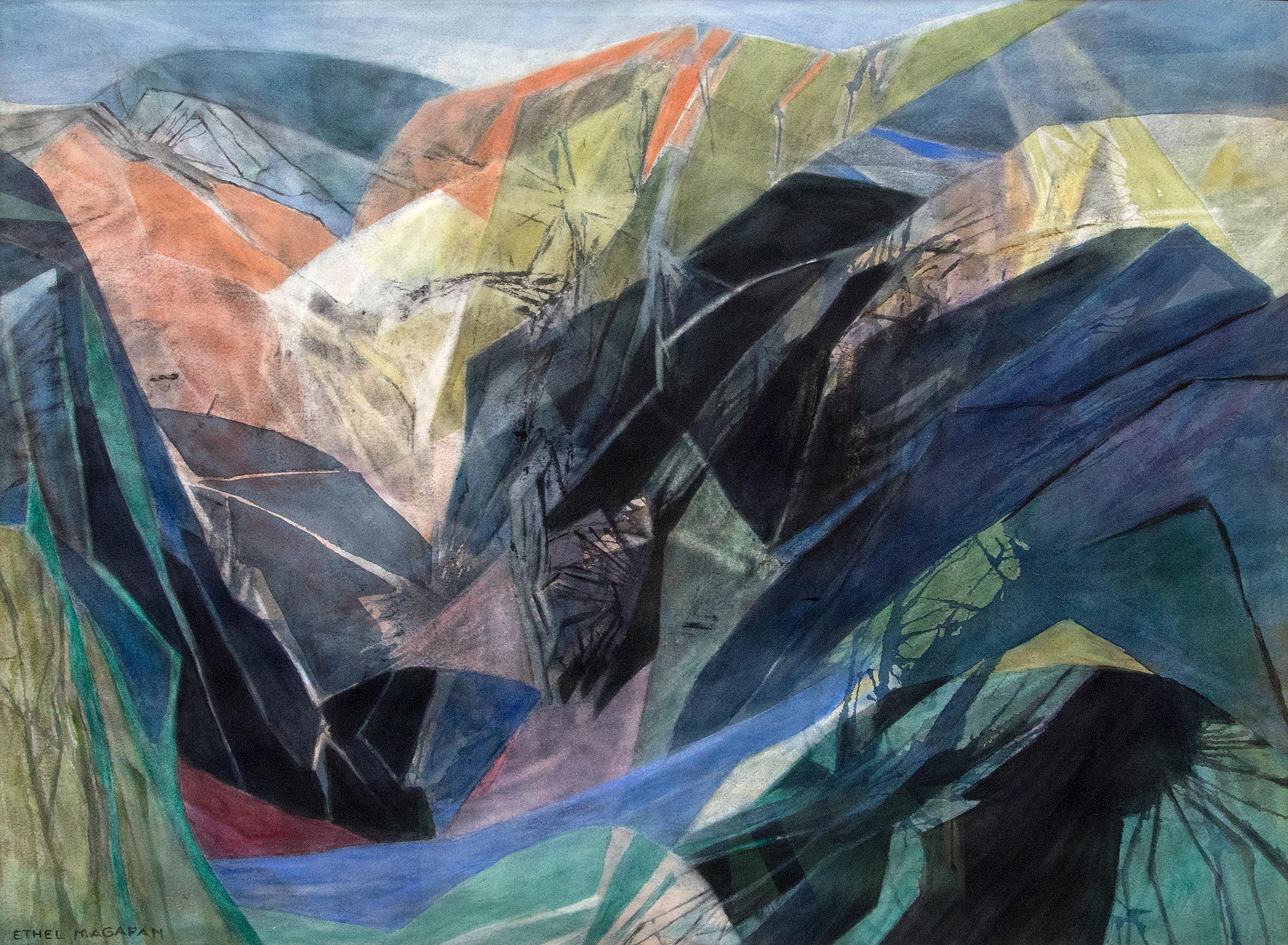 Through the Canyon, Semi-Abstract Colorado Mountain Landscape, Green Blue Orange - Art by Ethel Magafan