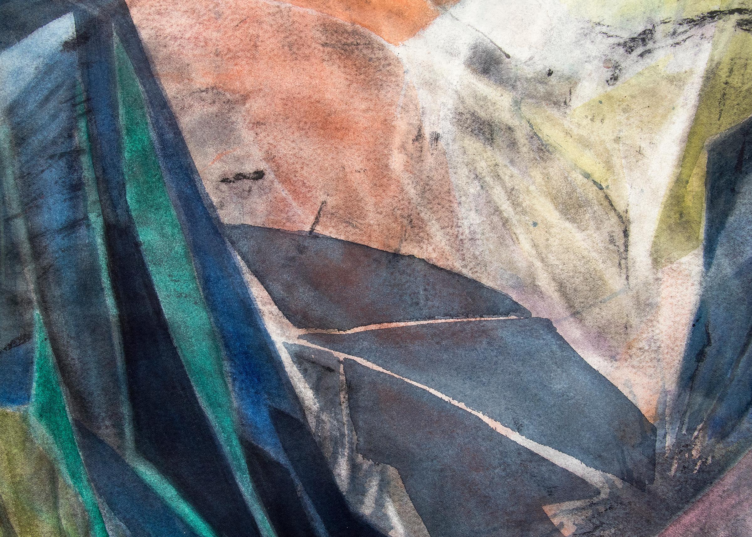 Semi-abstract landscape painting of Colorado mountains by Ethel Magafan (25011). The abstract mountain range is painted in colors of dark green, blue, orange, yellow, white, ink blue, pink, red, teal and purple. Watercolor on paper, signed lower