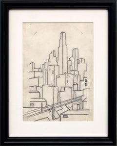 Used Kansas City Skyline, 1930s WPA Era Modernist Line Drawing, Black & White, Framed