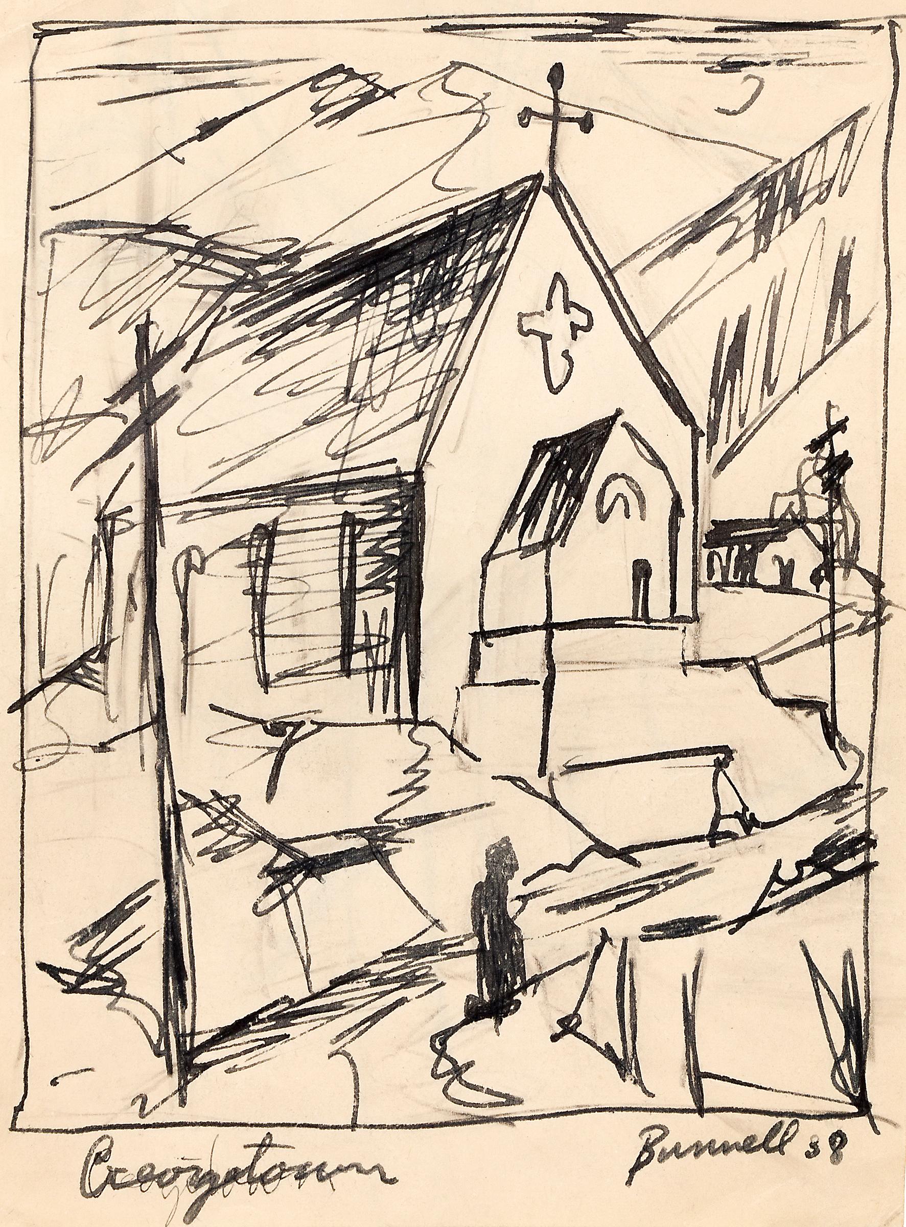 Georgetown, Colorado, 1938 Dibujo en tinta de la era WPA de un paisaje de las Montañas Rocosas - Art de Charles Ragland Bunnell