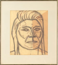 Chief Joseph, 1970s Framed Modernist Line Drawing, Portrait of American Indian