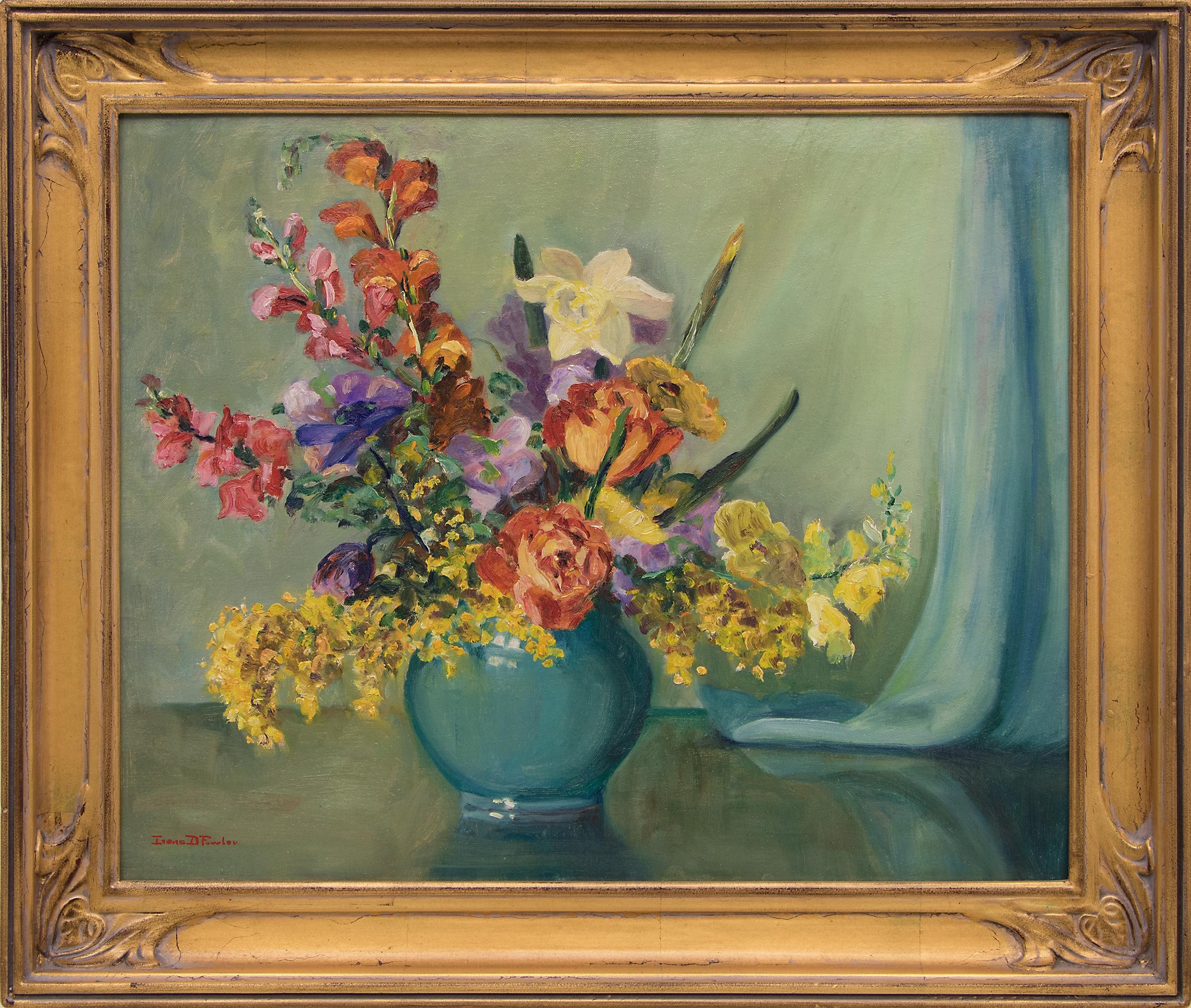 Still Life with Vase of Flowers, Yellow, Violet, Blue, Orange, Pink, Green, Red