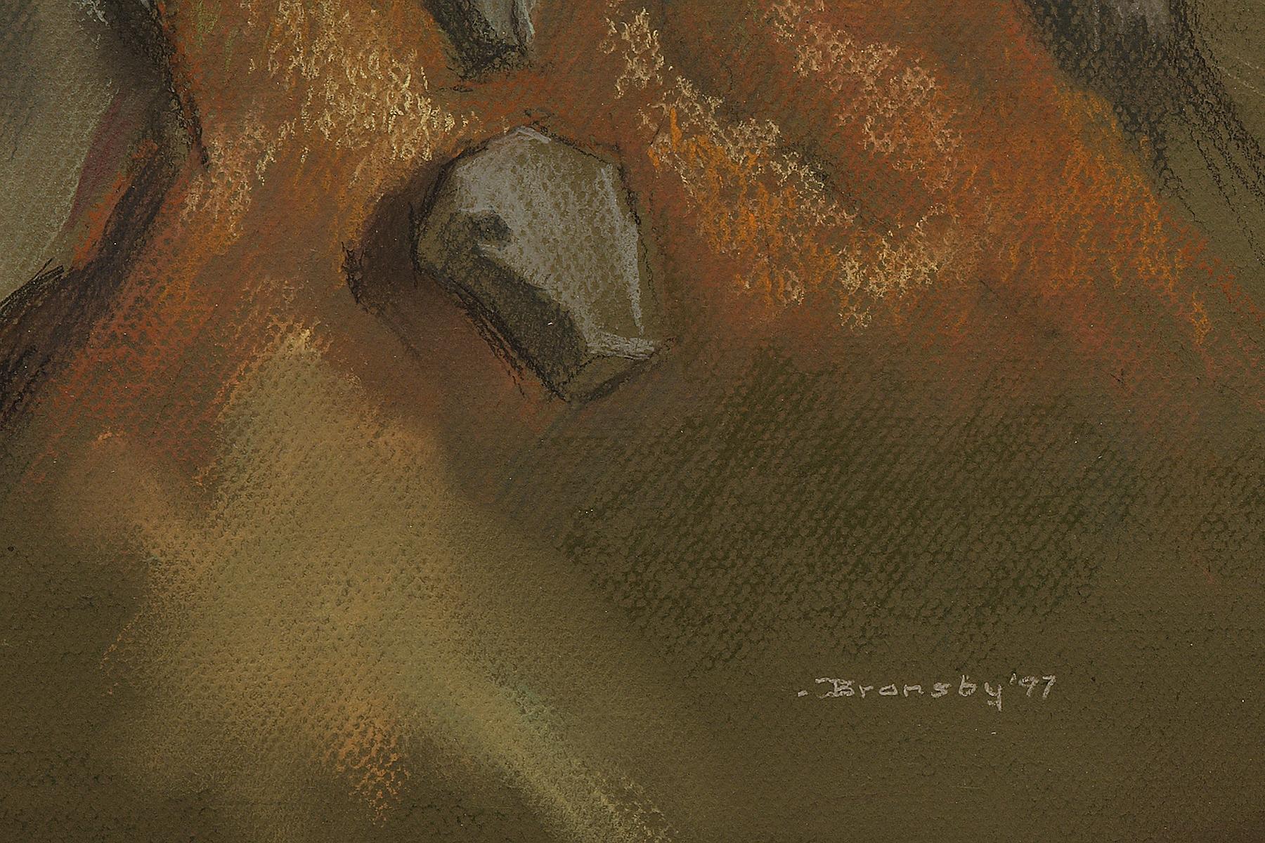Abstrakte Berglandschaft in Colorado von Eric James Bransby (1916-2020). Pastell auf Papier in den Farben Grün, Orange, Blau und Violett. Präsentiert in einem maßgefertigten Rahmen mit Archivierungsmaterial und Museumsglas