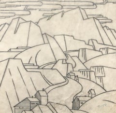 Mine in the Mountains, Colorado, Modernist Landscape Line Drawing, Black & White