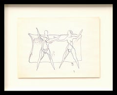 1970s Two Figures, Black Pen Ink Drawing , American Modern Semi-Abstract Figures