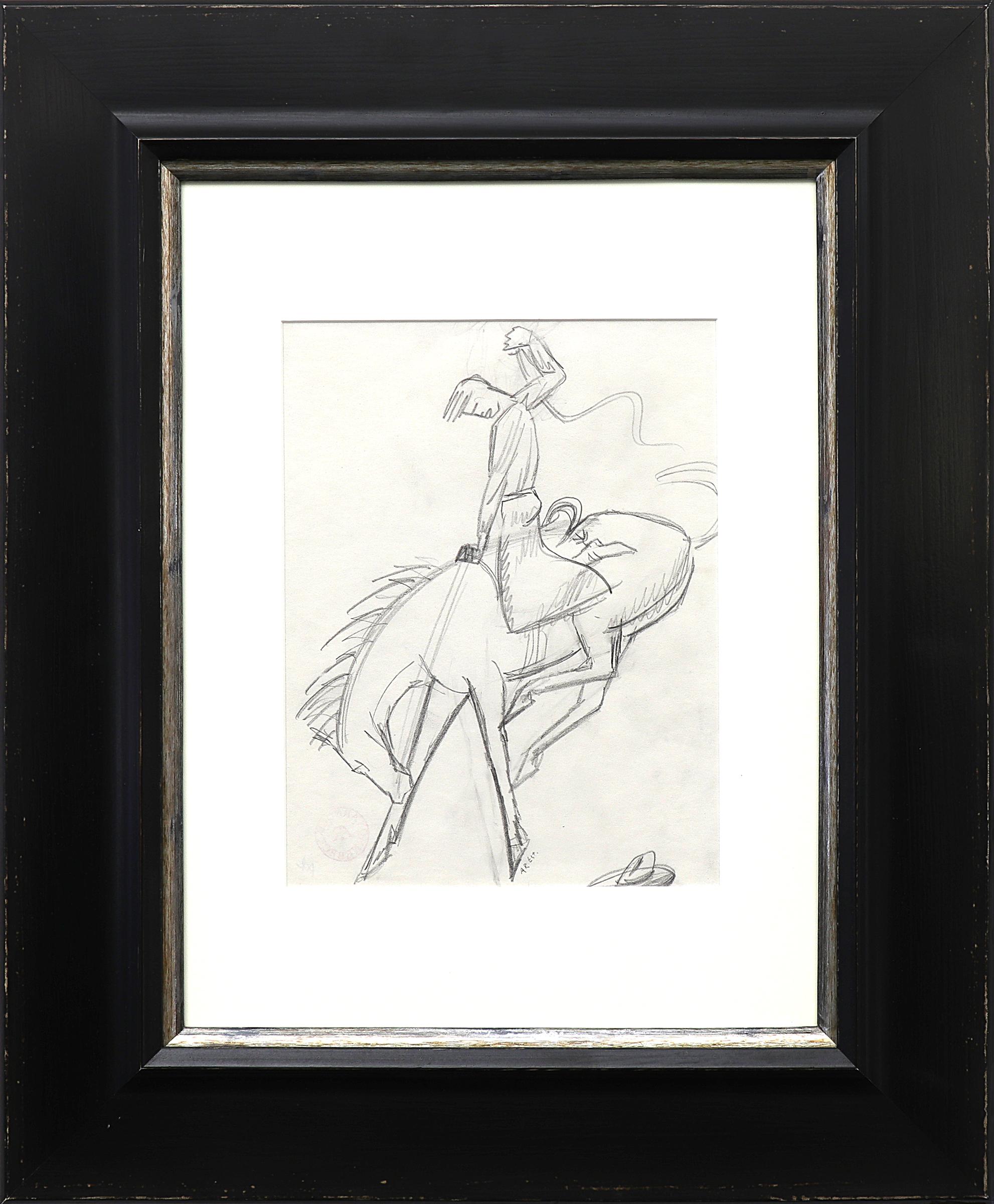 Arnold Ronnebeck Animal Art - Bucking Bronco, Original Sketch of Horse and Cowboy, Modernist Framed Drawing