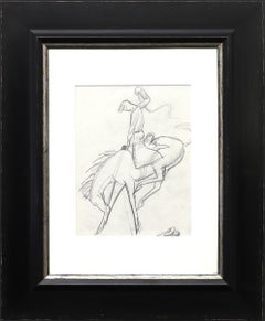 Vintage Bucking Bronco, Original Sketch of Horse and Cowboy, Modernist Framed Drawing