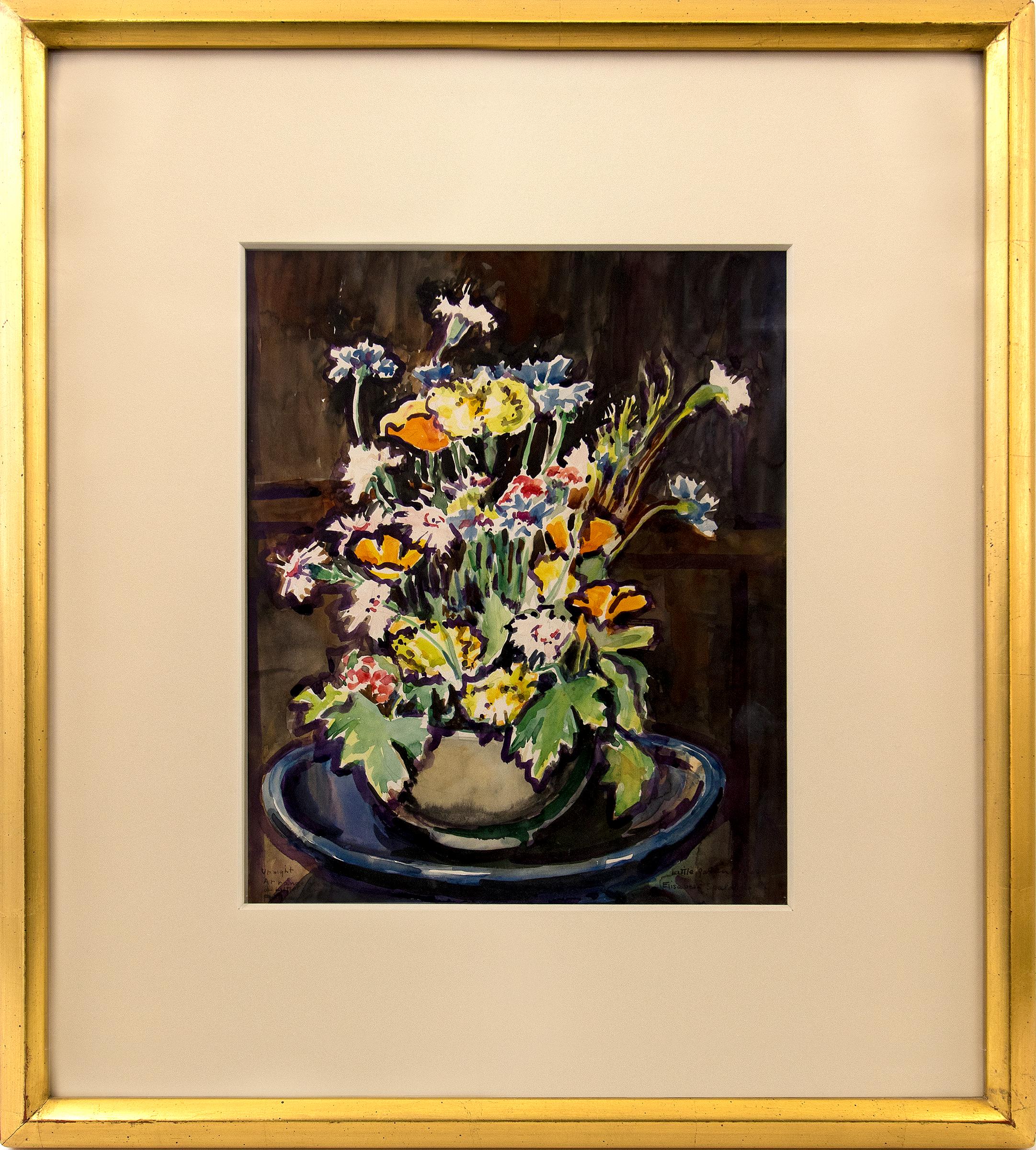 Elisabeth Spalding Interior Art - Little Garden Flowers, 20th Century Still Life Interior Watercolor Painting