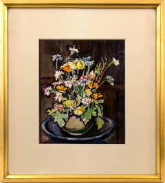 Little Garden Flowers, 20th Century Still Life Interior Watercolor Painting