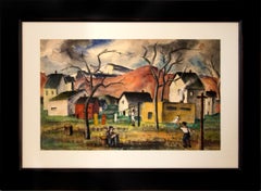 WPA 1940s Framed Figurative Village Landscape with Figures Houses Mountains