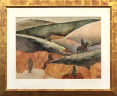Abstract Western Mountain Landscape With Figures on Horses Watercolor Painting