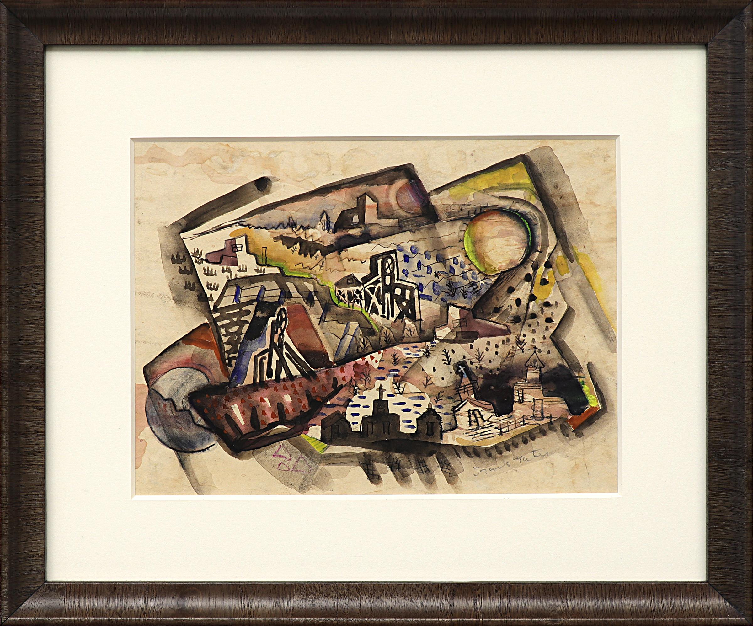 American Modernist Abstract Mining Scene Watercolor Painting, Red Green Brown