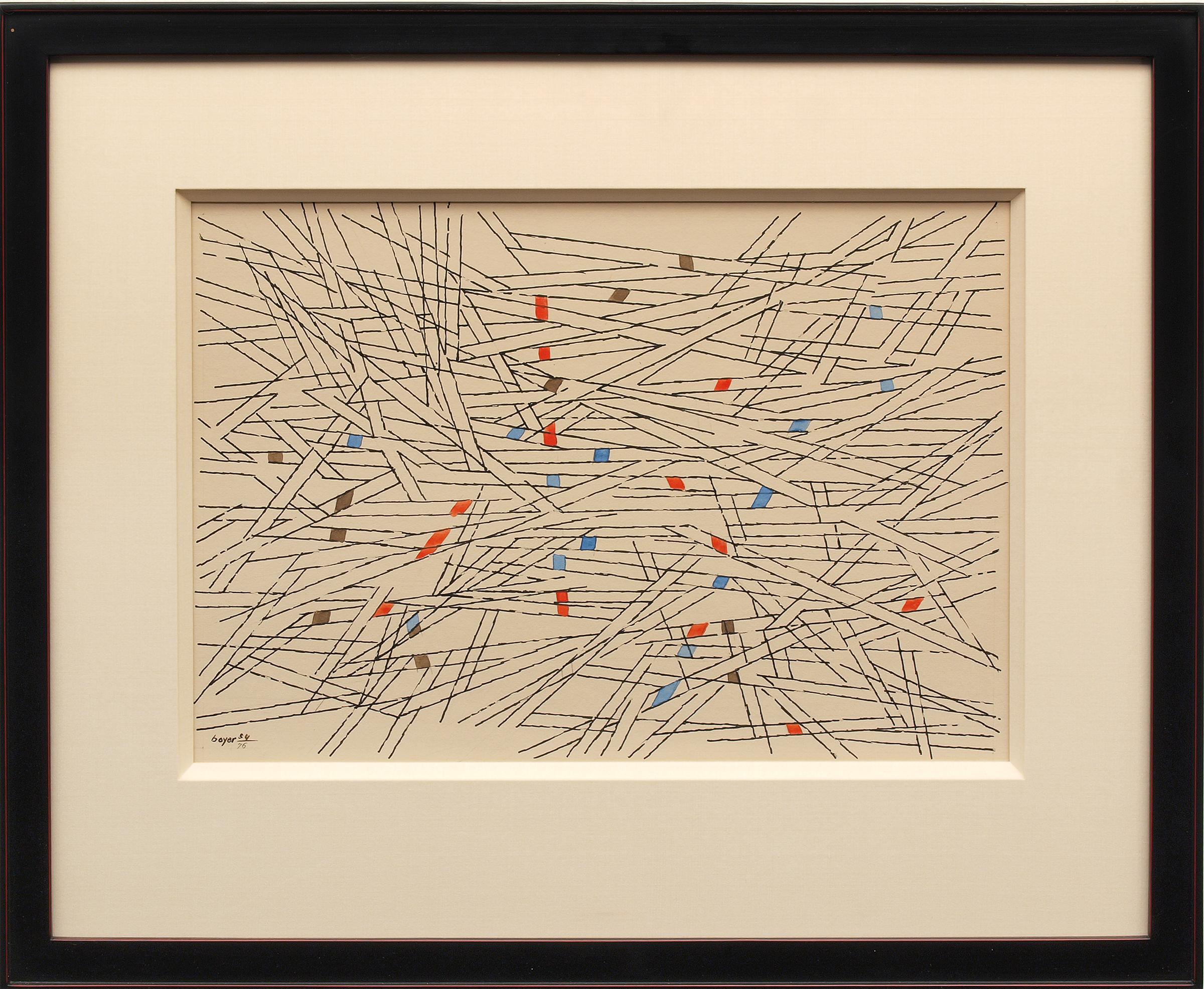 1950s Abstract Composition in Brown, Orange and Blue with Black Parallel Lines 