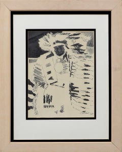 1950s Abstract Modern Portrait of American Indian Chief, Black White Drawing