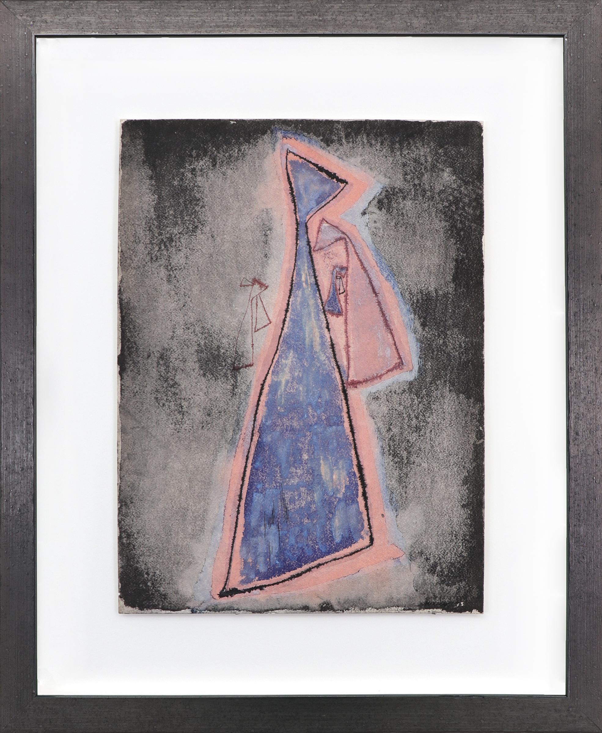 Edward Marecak Abstract Drawing - A Small Incantation, 1940s Abstracted Figural Watercolor and Ink Painting