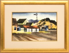 1930s American Farm Scene, Landscape Watercolor Painting Farm Buildings Windmill