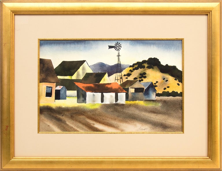 Samuel Bolton Colburn Abstract Drawing - 1930s American Farm Scene, Landscape Watercolor Painting Farm Buildings Windmill