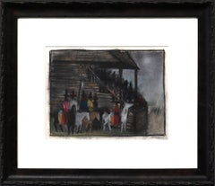 Disegno originale a pastello d'epoca, scena all'aperto con figure a cavallo