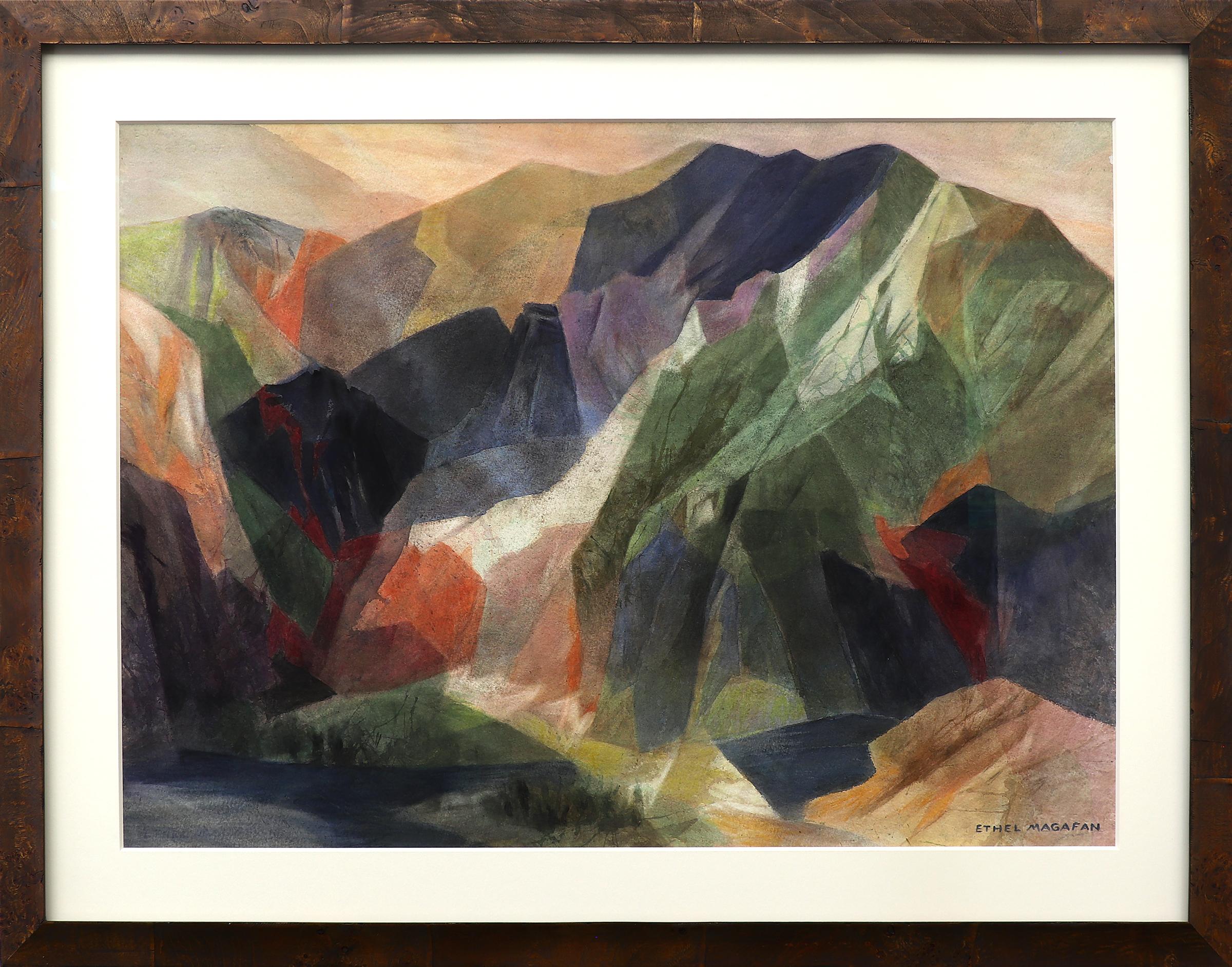 Ethel Magafan Abstract Drawing - Dawn, Semi-Abstract Mountain Landscape, Multi-colored Watercolor Painting