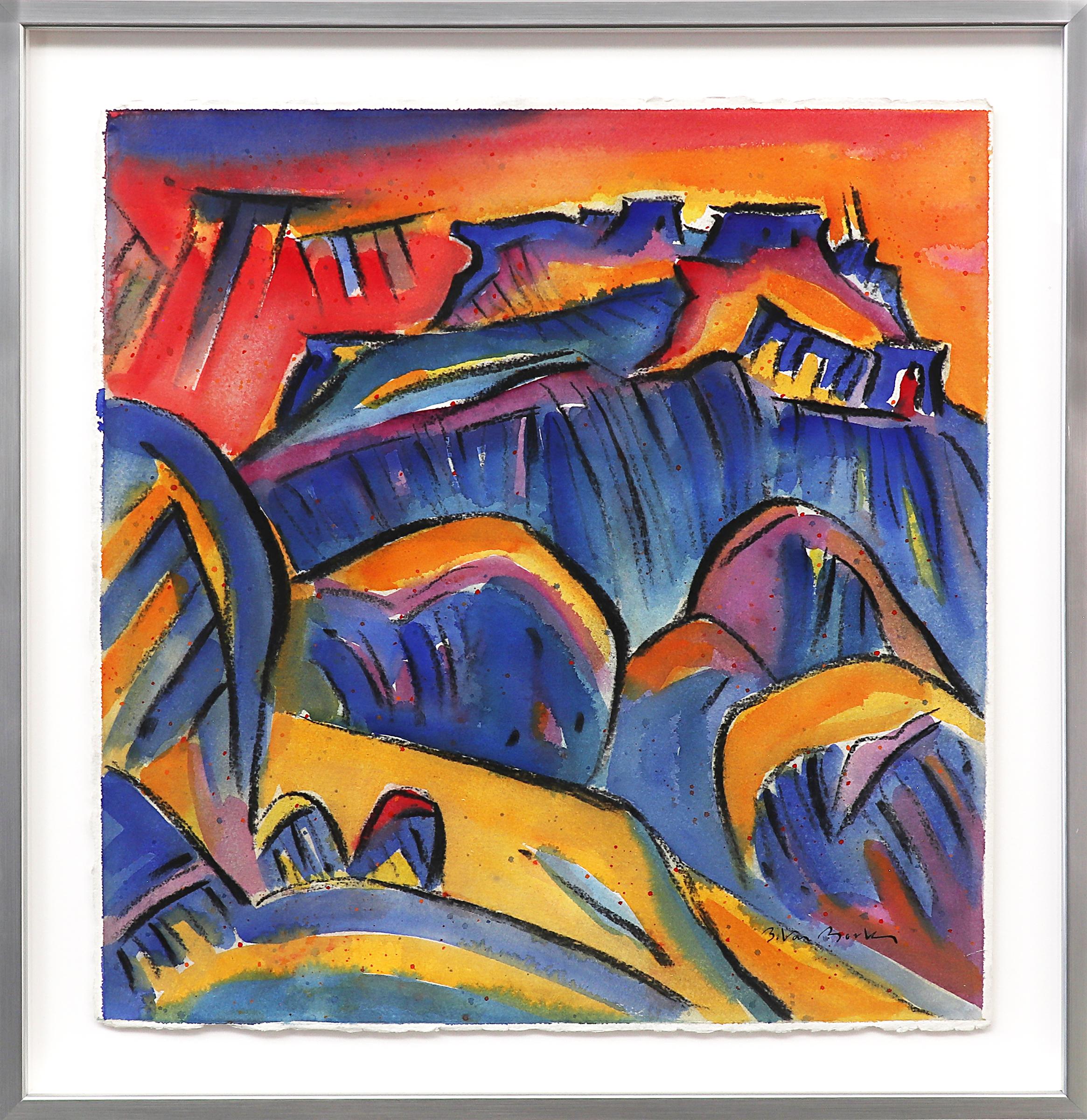 Bert Van Bork Landscape Art - Second Mesa (Hopi Pueblo, Arizona), Multicolored Southwest Mixed Media Landscape