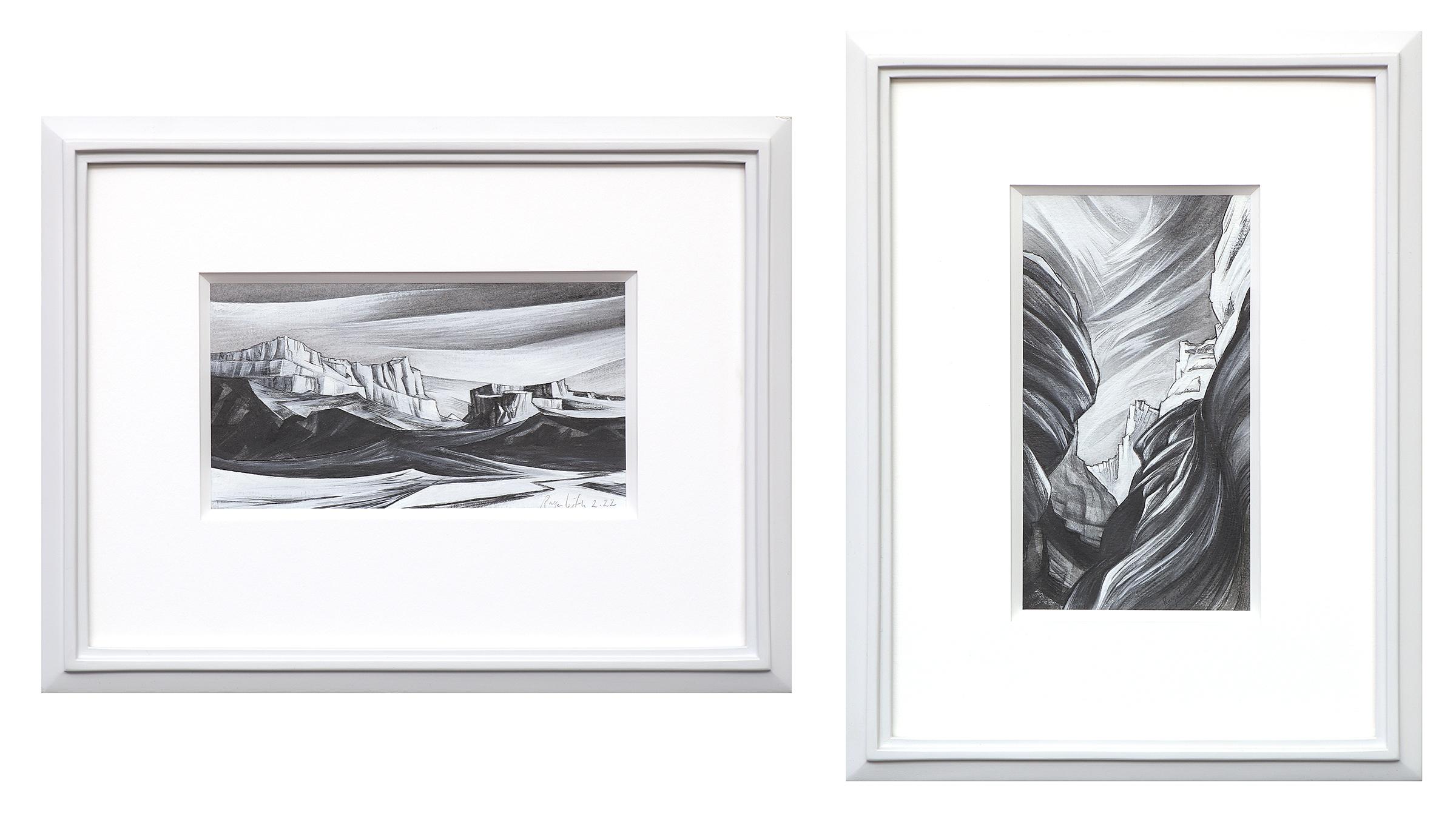Pair of Abstract Graphite Casein Southwestern Landscape Drawings, Black White