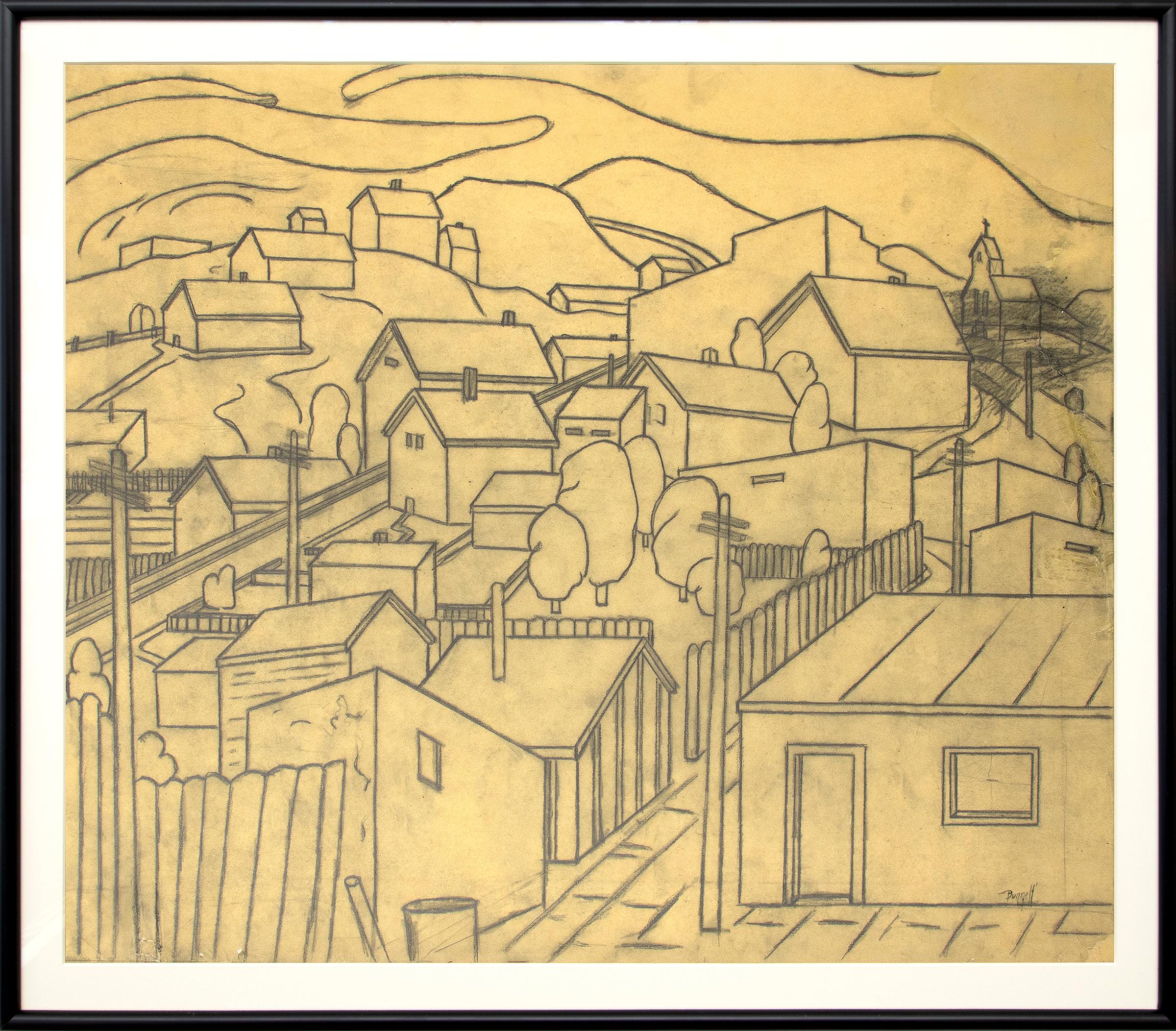 Dessin au graphite des années 1930, scène de ville moderne américaine avec des maisons sur une colline, Colorado - Art de Charles Ragland Bunnell