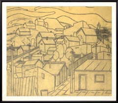 1930s Graphite Drawing, American Modern City Scene of Houses on a Hill, Colorado