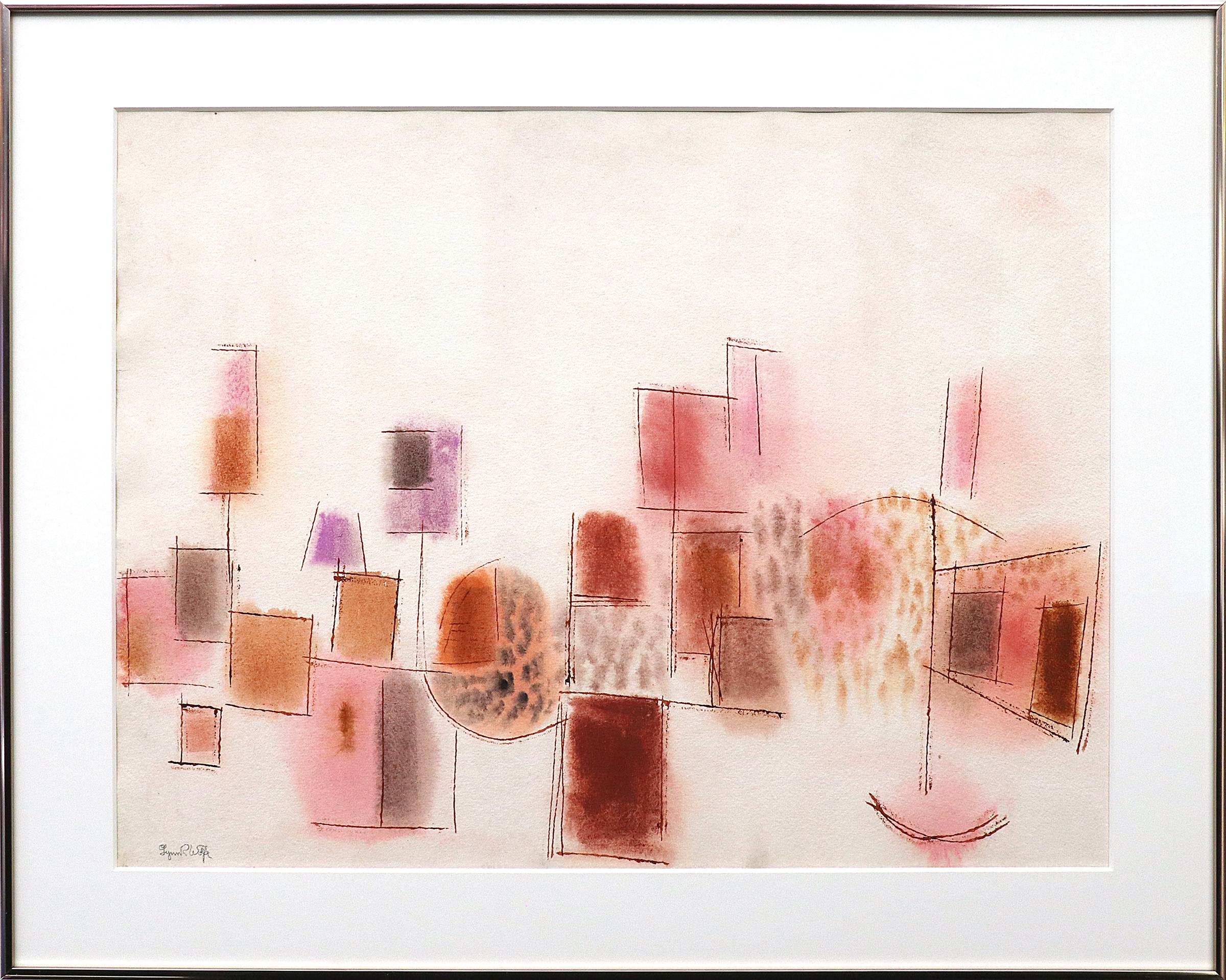 Lynn R. Wolfe Abstract Painting – Gerahmtes und signiertes abstraktes Aquarellgemälde des 20. Jahrhunderts, Orange, Rosa, Rot